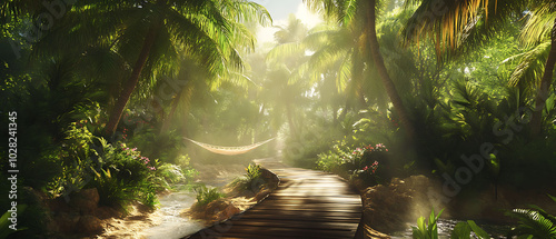A wooden path leads through a lush tropical jungle with sunlight filtering through the trees, revealing a hammock hanging between two palms.