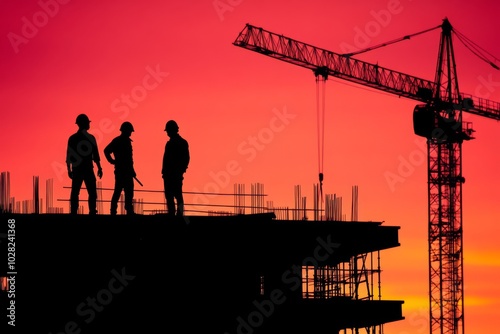 Silhouettes of workers at a construction site during a vibrant sunset.