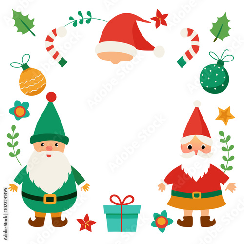 Christmas Gnomes: A cheerful pair of Christmas gnomes, one in green and one in red, stand proudly on either side of a blank space, surrounded by festive elements like candy canes, holly, presents.