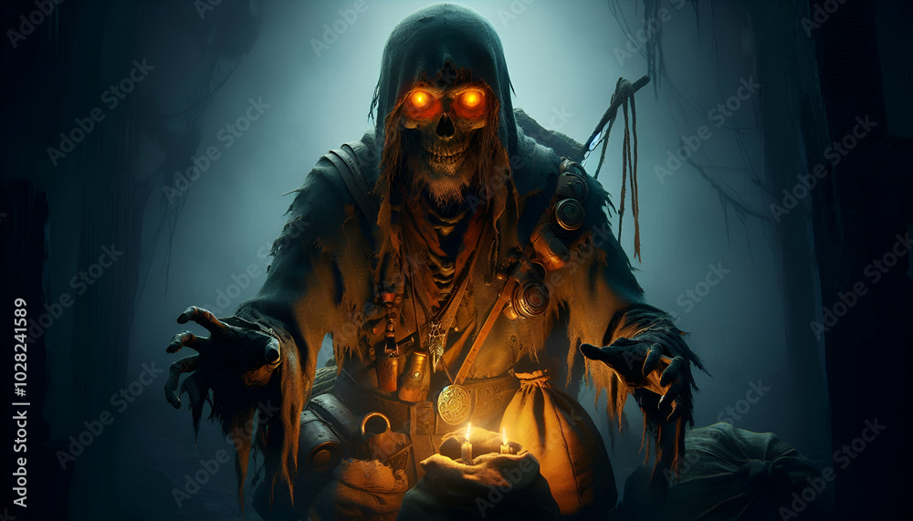 Undead Merchant in a Dark Fantasy World.
Undead Merchant in a Dark Fantasy World.