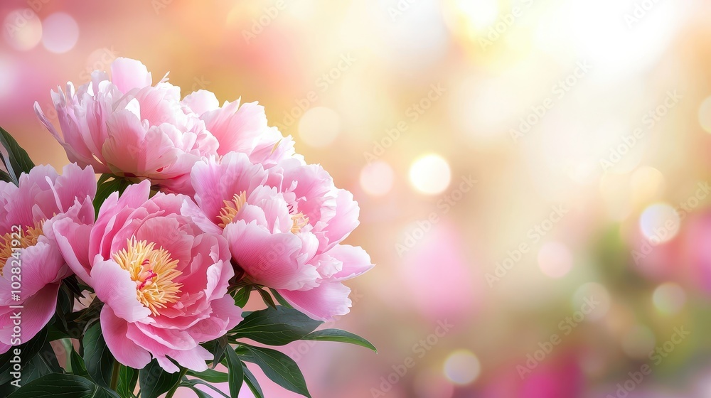 Obraz premium A soft-focus image of pink peonies arranged in a bouquet, their large blooms forming a lush and vibrant floral background.