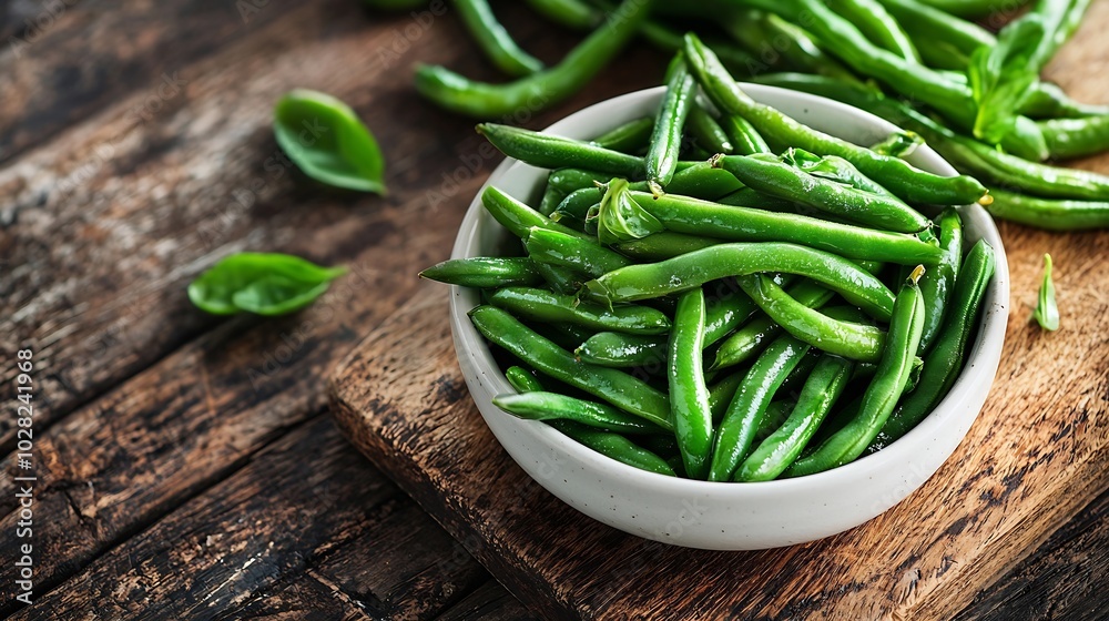 Green beans in white bowl on cutting board Top view Copy space : Generative AI Green beans in white bowl on cutting board Top view Copy space : Generative AI