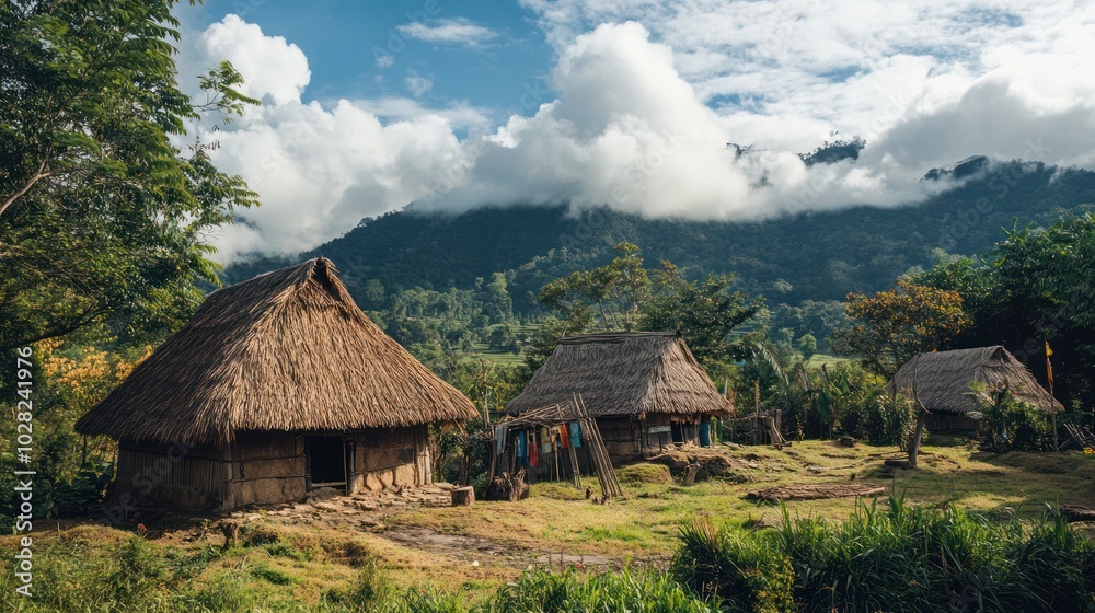 The remnants of a forgotten Asian tribe, living in isolation in a remote valley, their simple thatched homes and hand-woven clothing reflecting a time long past The remnants of a forgotten Asian tribe, living in isolation in a remote valley, their simple thatched homes and hand-woven clothing reflecting a time long past