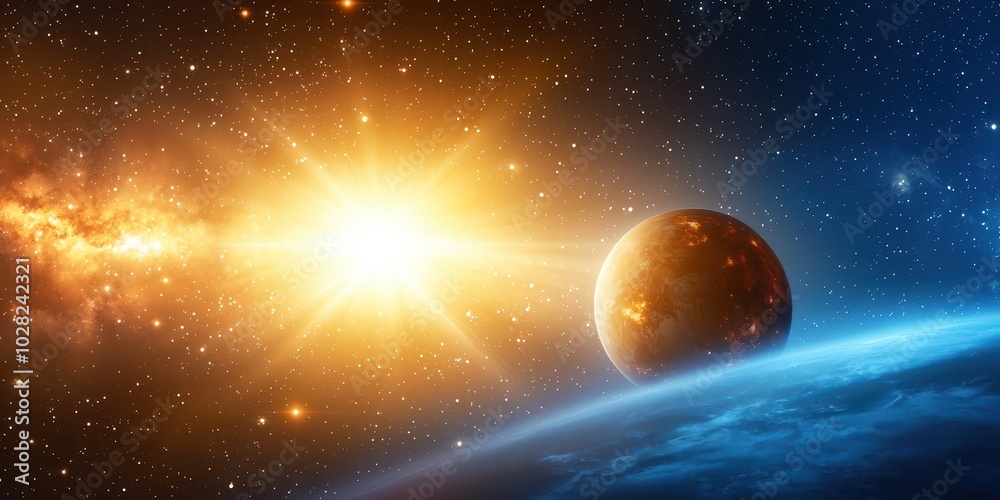 Naklejka premium A surreal galaxy and planet background featuring a distant planet and swirling cosmic clouds filled with stars.