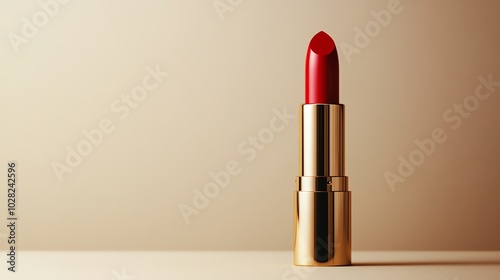 A single red lipstick tube with a gold casing is positioned on a beige surface, angled to the left.