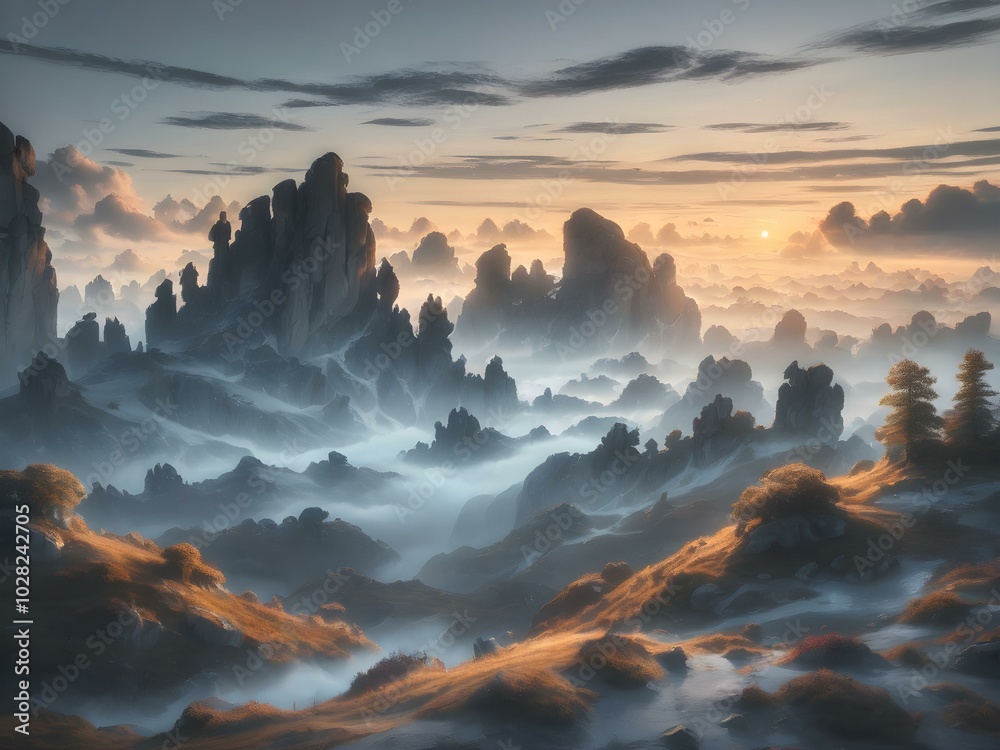 A tranquil dawn sky with wisps of clouds floating close to the ground, bathed in soft morning light as the day begins
A tranquil dawn sky with wisps of clouds floating close to the ground, bathed in soft morning light as the day begins