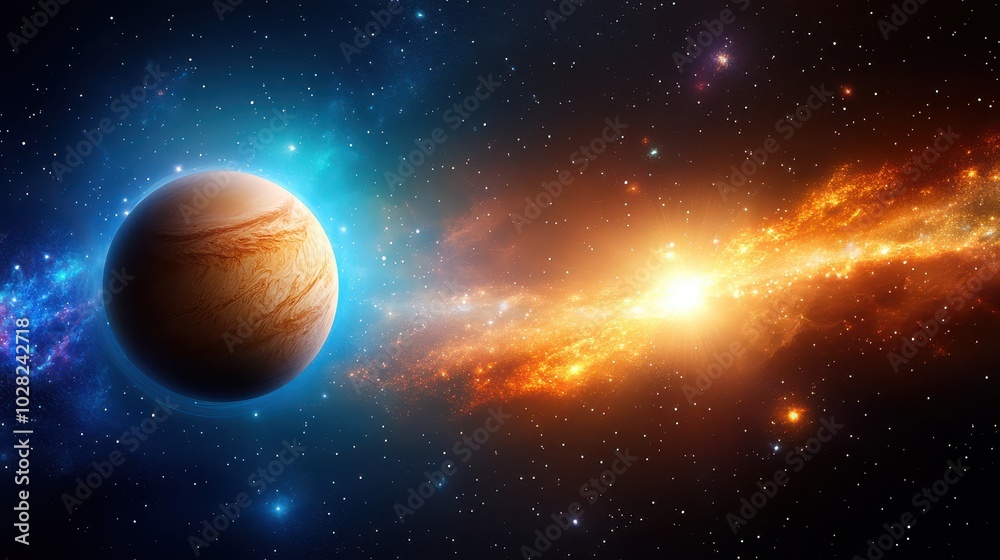 A vibrant galaxy with a detailed planet and swirling nebulas in a cosmic landscape full of stars. A vibrant galaxy with a detailed planet and swirling nebulas in a cosmic landscape full of stars.