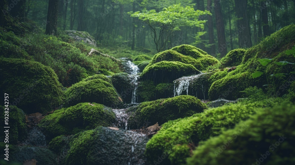 Moss-Covered Rocks and a Trickling Stream in a Lush Forest