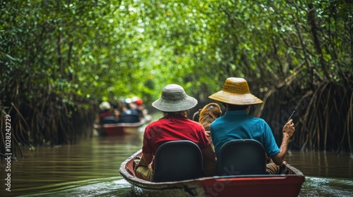 Travelers taking a boat ride through a mangrove forest in Asia, with a guide pointing out local wildlife like monkeys and tropical birds, promoting eco-friendly nature tourism photo