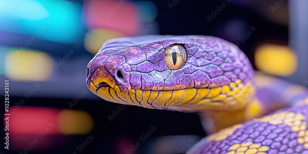 Neon Purple and Yellow Snake Close Up in Futuristic Interior