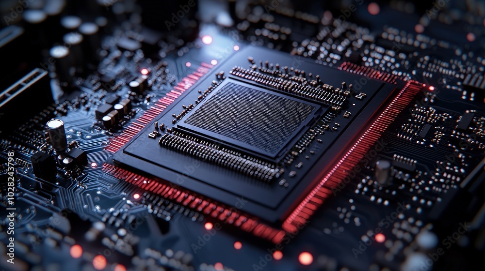 Fototapeta premium Close up of a Computer Processor Chip with Red LED Lighting on Circuit Board
