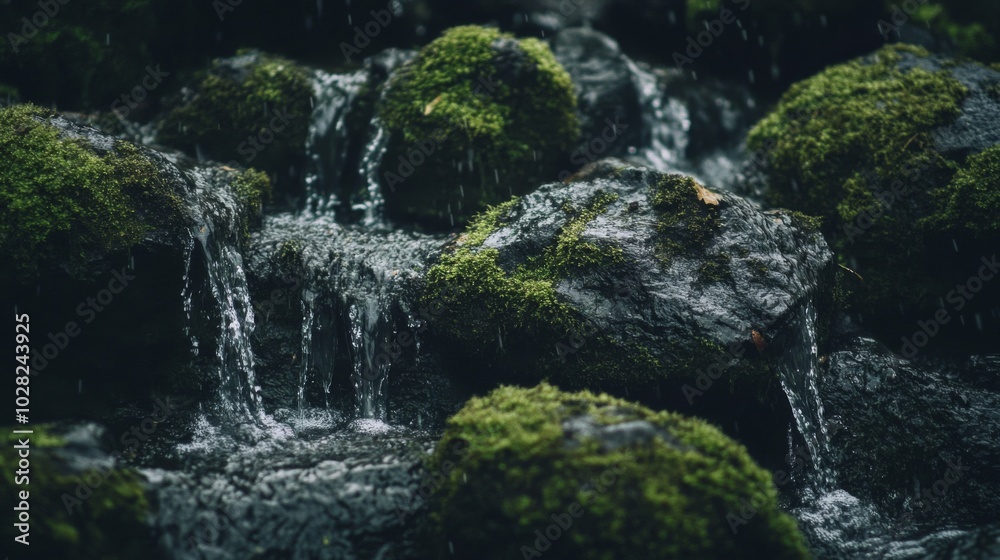Moss-Covered Rocks and Cascading Water in a Lush Forest Moss-Covered Rocks and Cascading Water in a Lush Forest