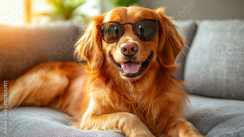 Golden Retriever lies comfortably on a cozy sofa, radiating warmth and contentment. The dog’s relaxed posture and friendly expression symbolize companionship, loyalty, and the simple joys of life photo