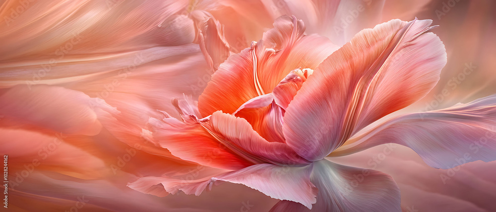 Close-up of a pink tulip flower with soft, flowing petals and a delicate, light pink and white color scheme. Close-up of a pink tulip flower with soft, flowing petals and a delicate, light pink and white color scheme.