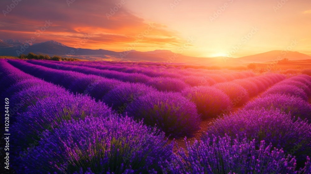 2408 41.A breathtaking panoramic view of a vibrant lavender field in full bloom, stretching across the rolling hills of Valensole, France. The lavender flowers, bathed in the warm golden light of the 2408 41.A breathtaking panoramic view of a vibrant lavender field in full bloom, stretching across the rolling hills of Valensole, France. The lavender flowers, bathed in the warm golden light of the
