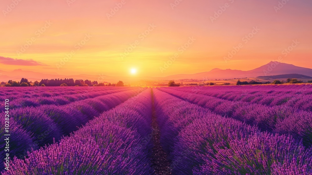 2408 41.A breathtaking panoramic view of a vibrant lavender field in full bloom, stretching across the rolling hills of Valensole, France. The lavender flowers, bathed in the warm golden light of the 2408 41.A breathtaking panoramic view of a vibrant lavender field in full bloom, stretching across the rolling hills of Valensole, France. The lavender flowers, bathed in the warm golden light of the