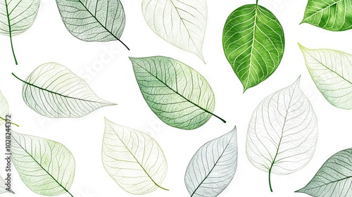 2408 64.A collection of flat green leaves illustrated with fine details, showing the veins and textures of each leaf. The white background highlights the natural simplicity and beauty of the leaves,