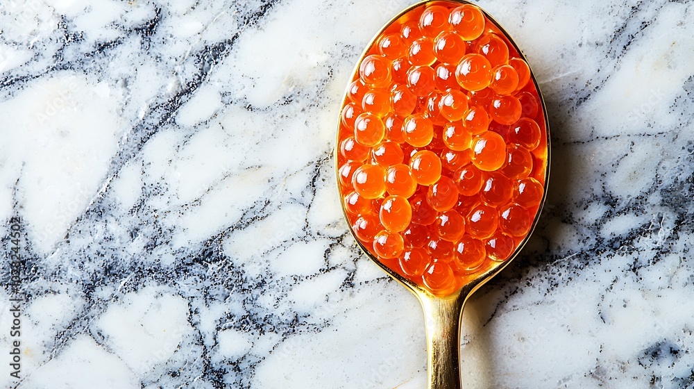 Red salmon caviar in golden spoon Marble background Copy space Top view : Generative AI Red salmon caviar in golden spoon Marble background Copy space Top view : Generative AI