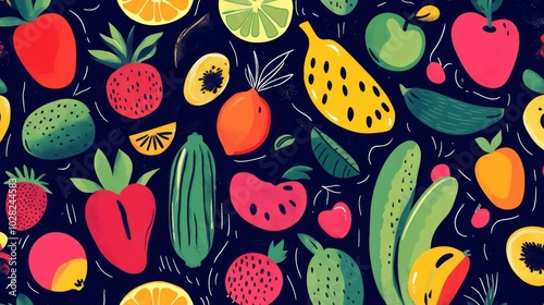 Wallpaper Mural Vibrant Fruit and Vegetable Pattern on a Dark Background Torontodigital.ca