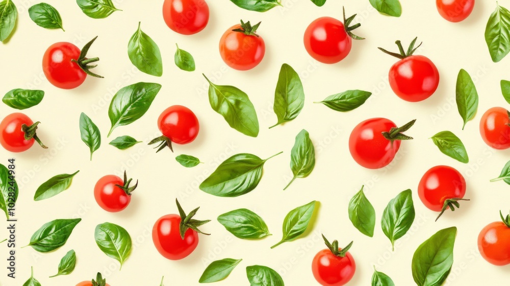 Red Cherry Tomatoes and Green Basil Leaves Pattern Red Cherry Tomatoes and Green Basil Leaves Pattern