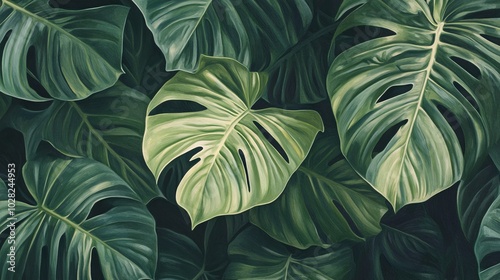 Wallpaper Mural 2408 22.A detailed image of the lush green leaves of a philodendron plant, with each leaf featuring prominent veins and a glossy surface. The leaves overlap, creating a dense, tropical feel, with Torontodigital.ca