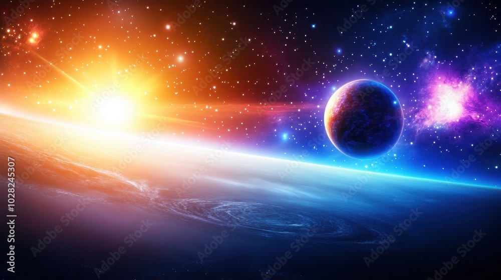 Obraz premium Bright galaxy night sky background featuring vibrant stars and glowing nebulae in a deep space scene.