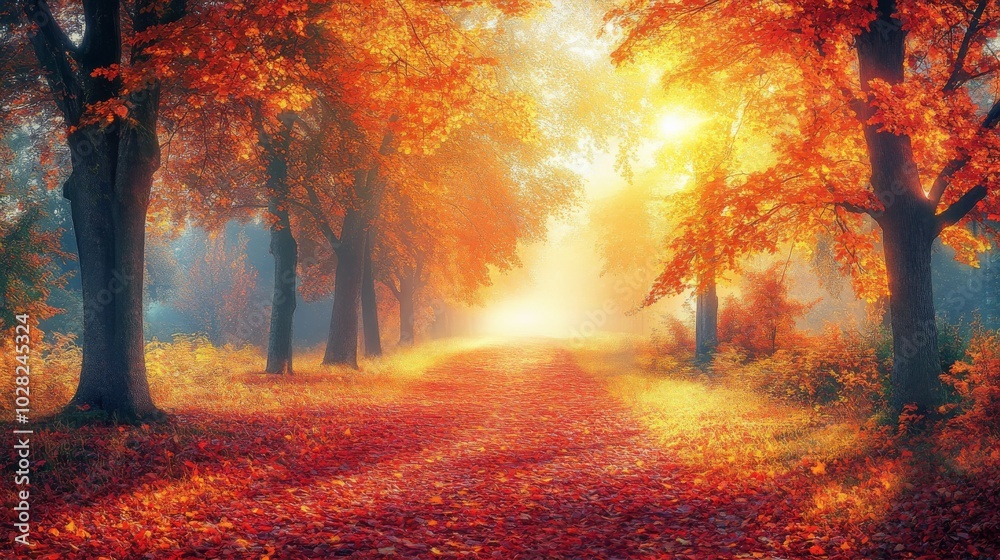 2408 94.A golden autumn landscape with trees shedding their colorful leaves, creating a vibrant tapestry of reds, oranges, and yellows. The fallen leaves cover the path leading into the distance, 2408 94.A golden autumn landscape with trees shedding their colorful leaves, creating a vibrant tapestry of reds, oranges, and yellows. The fallen leaves cover the path leading into the distance,