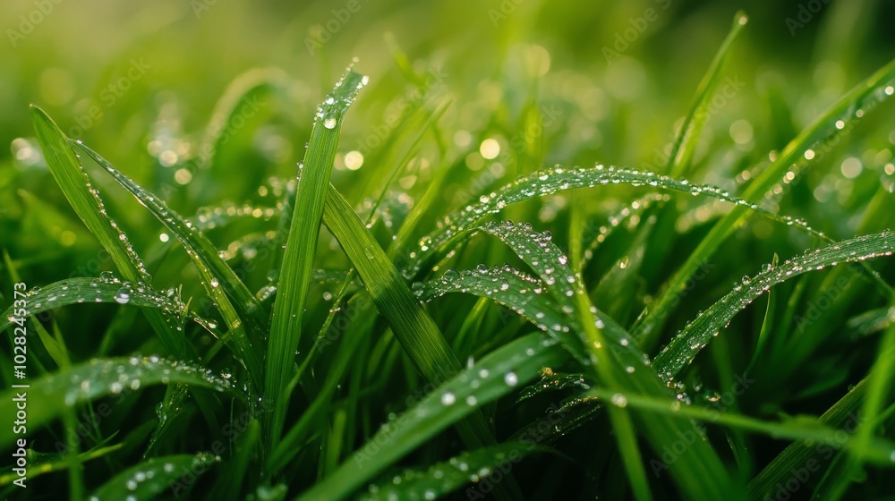 2408 103.Vibrant green spring grass coated with glistening morning dew, the droplets delicately clinging to the blades. The shallow depth of field creates a soft, dreamy background, while the water 2408 103.Vibrant green spring grass coated with glistening morning dew, the droplets delicately clinging to the blades. The shallow depth of field creates a soft, dreamy background, while the water