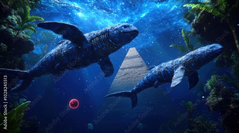 Fototapeta premium Underwater Fantasy with 3D Printed Mythical Creatures and Ancient Pyramid