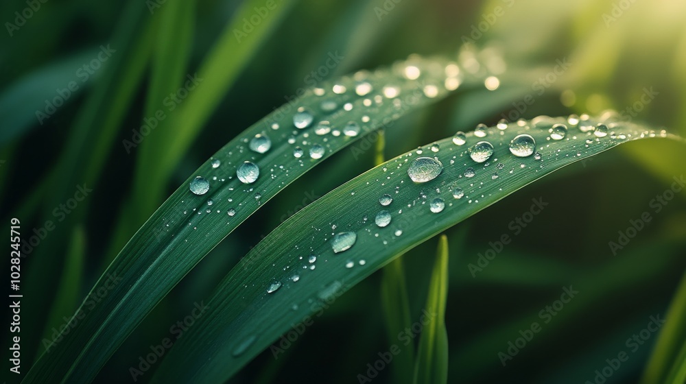2408 102.A close-up of lush green grass covered in sparkling dew drops, each droplet reflecting the early morning sunlight. The shallow depth of field blurs the background, enhancing the sharp 2408 102.A close-up of lush green grass covered in sparkling dew drops, each droplet reflecting the early morning sunlight. The shallow depth of field blurs the background, enhancing the sharp