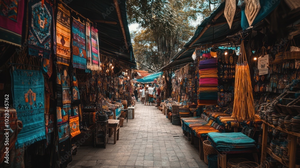 Obraz premium A bustling craft market in Asia where artisans sell handwoven textiles, wooden carvings, and handcrafted jewelry, showcasing the rich cultural heritage of local craftsmanship