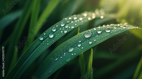 2408 102.A close-up of lush green grass covered in sparkling dew drops, each droplet reflecting the early morning sunlight. The shallow depth of field blurs the background, enhancing the sharp