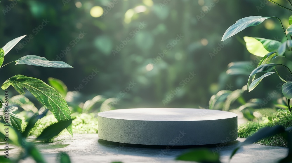 2408 28.A minimalist podium placed outdoors in a natural forest environment, with greenery in the background softly out of focus. The podium is bathed in soft sunlight, casting gentle shadows on the