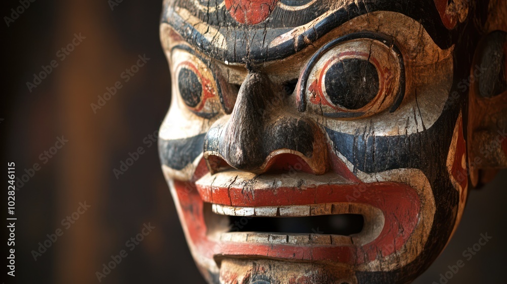 A ceremonial mask used by an Asian tribe in ancient rituals, meticulously carved and painted, symbolizing their connection to nature and ancestral spirits