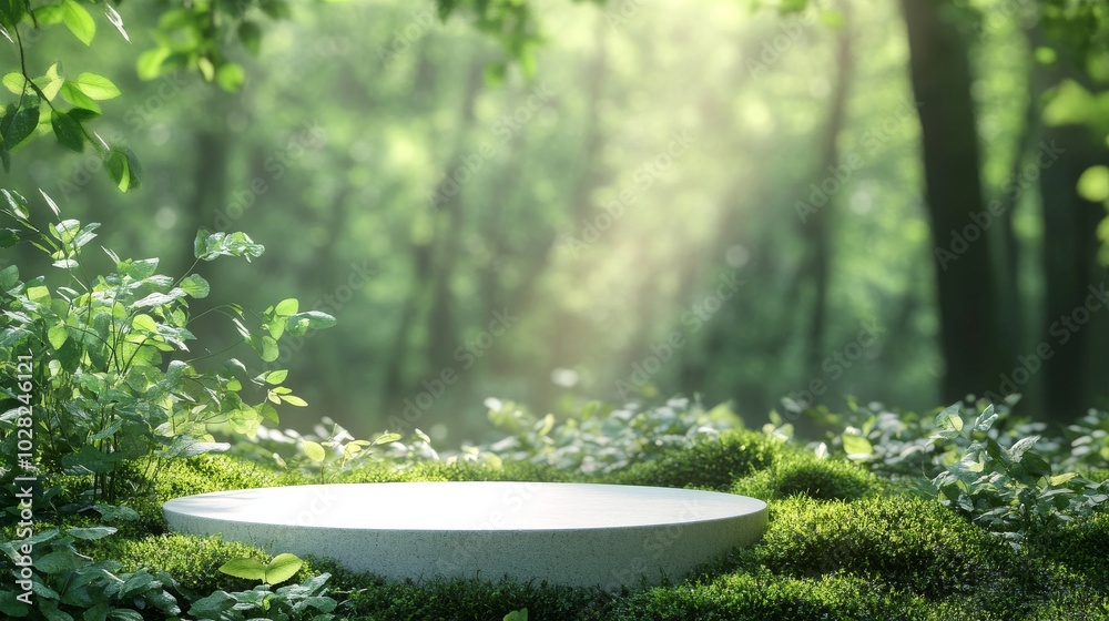 2408 27.A natural product display scene with a simple 3D podium set on a forest floor, surrounded by lush green foliage. The background is blurred with soft, natural light filtering through the 2408 27.A natural product display scene with a simple 3D podium set on a forest floor, surrounded by lush green foliage. The background is blurred with soft, natural light filtering through the