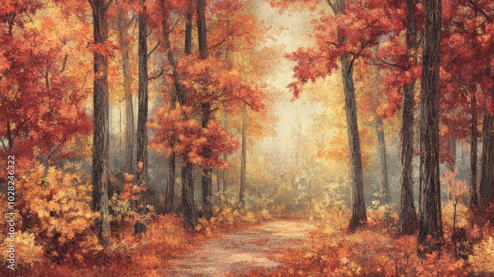 2408 93.A panoramic view of a peaceful autumn forest, with trees ablaze in shades of red, orange, and yellow. The leaves carpet the ground in rich, warm tones, while the soft light filters through 2408 93.A panoramic view of a peaceful autumn forest, with trees ablaze in shades of red, orange, and yellow. The leaves carpet the ground in rich, warm tones, while the soft light filters through