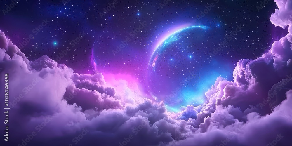 Obraz premium Deep purple galaxy background with vibrant stars and swirling nebula clouds, creating a surreal cosmic scene.