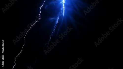 Blue Glowing Lightning Thunderbolt with black background. 4K photo