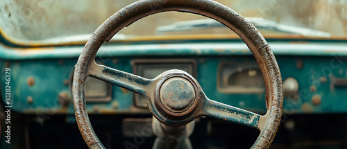 Rusted steering wheel of an old car with a green dashboard in the background.