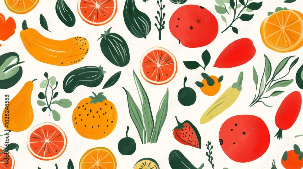 A Colorful Pattern of Fresh Fruits, Vegetables, and Green Foliage