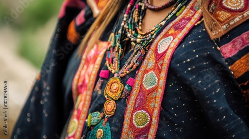 A close-up of traditional tribal clothing from an Asian mountain tribe, featuring intricate embroidery, vibrant patterns, and handmade jewelry passed down through generations