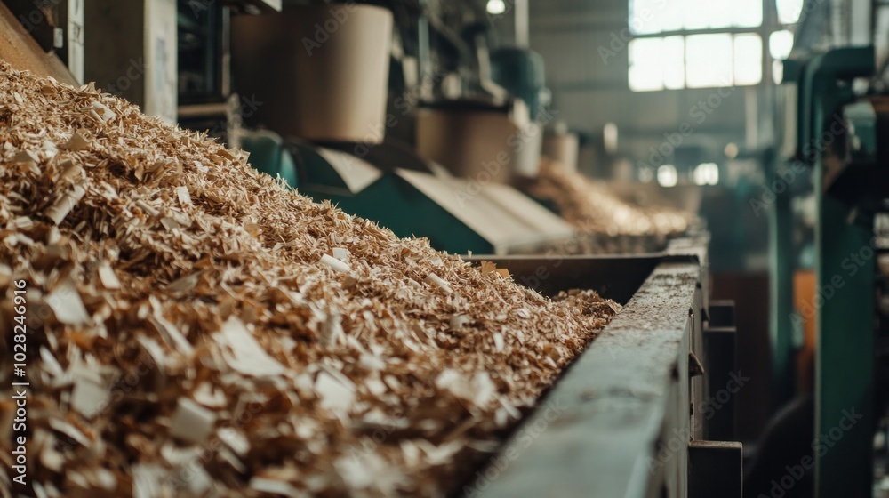 A pulp and paper industry facility, processing raw wood into pulp and then converting it into paper products, highlighting the steps involved in large-scale production A pulp and paper industry facility, processing raw wood into pulp and then converting it into paper products, highlighting the steps involved in large-scale production
