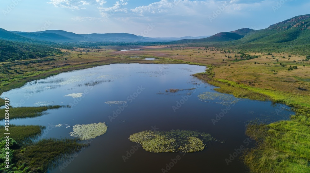 2408 15.A serene aerial view of Main Dam at Drie Kuilen Nature Reserve, with expansive marshland spreading out in all directions. The wetlands are interspersed with winding waterways and vibrant 2408 15.A serene aerial view of Main Dam at Drie Kuilen Nature Reserve, with expansive marshland spreading out in all directions. The wetlands are interspersed with winding waterways and vibrant