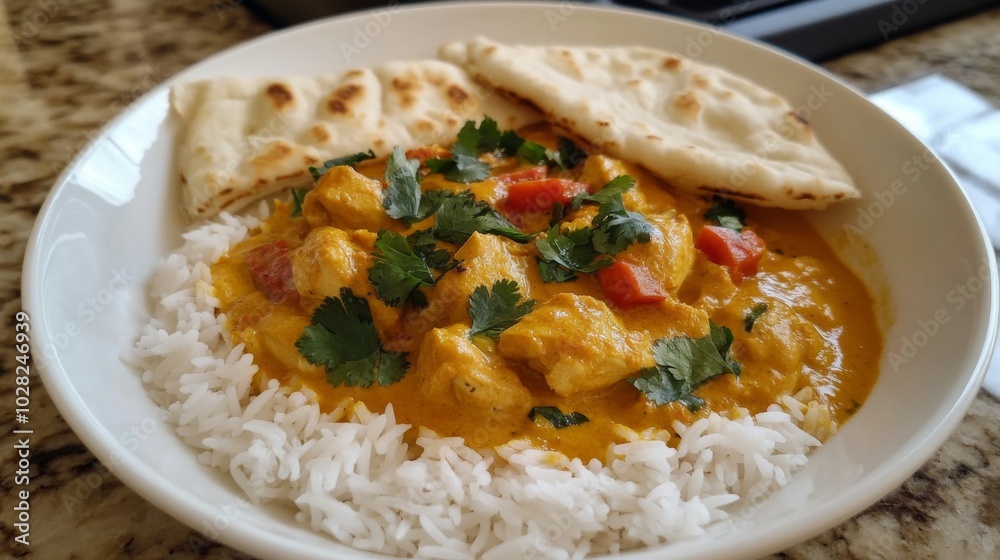 A bowl of creamy chicken curry with rice and naan bread. A bowl of creamy chicken curry with rice and naan bread.