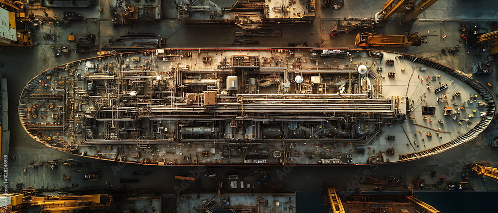 An aerial view of a large ship in a dry dock, showing its intricate structure and machinery. An aerial view of a large ship in a dry dock, showing its intricate structure and machinery.