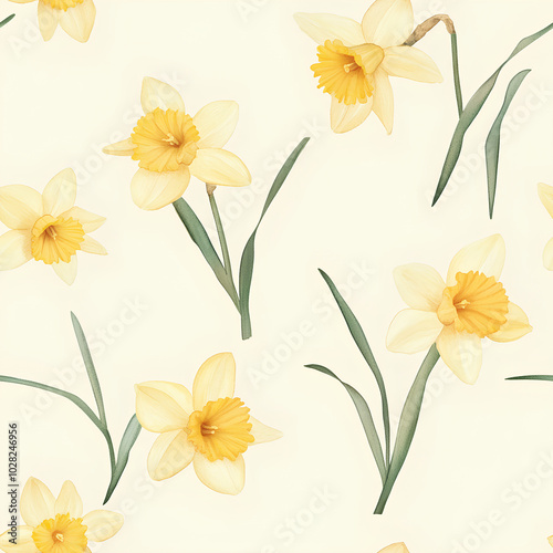 Minimalist watercolor daffodils with soft yellow petals, gently scattered on a light beige background, seamless pattern