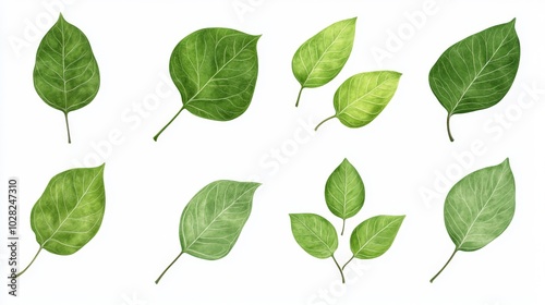 2408 65.A set of flat green leaves in a simple, elegant design. Each leaf is carefully illustrated with detailed veins and smooth curves, arranged on a crisp white background. The clean, minimal