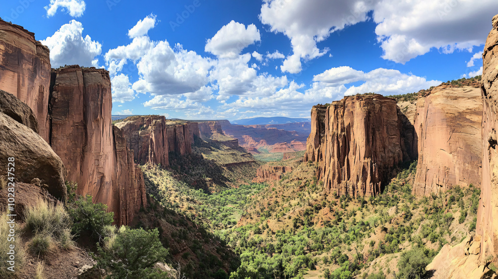A panoramic view of a desert valley filled with dramatic cliffs. A panoramic view of a desert valley filled with dramatic cliffs.