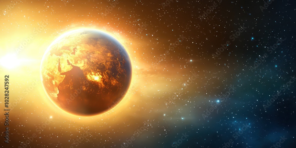 Naklejka premium Galaxy and planet background with a large, detailed planet set against a cosmic sky filled with stars.