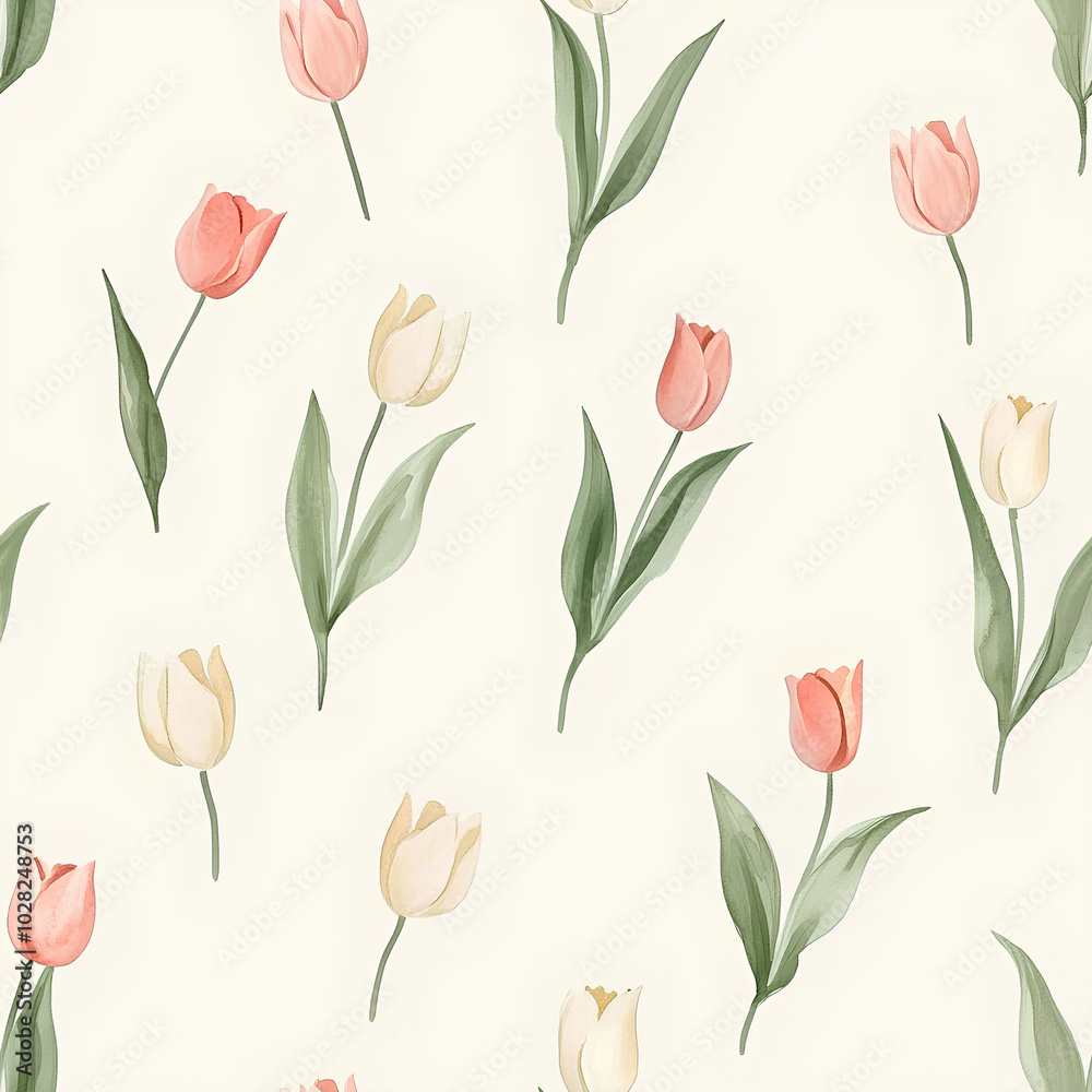 Obraz premium Minimalist watercolor tulips in soft pastel shades, gently scattered on a pale background, seamless repeat
